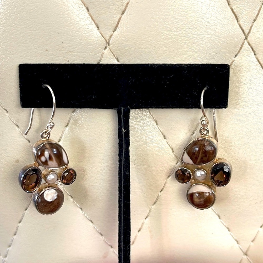 NEW! Sterling silver genuine Smokey quatrtz and peanut wood earrings - Picture 6 of 8
